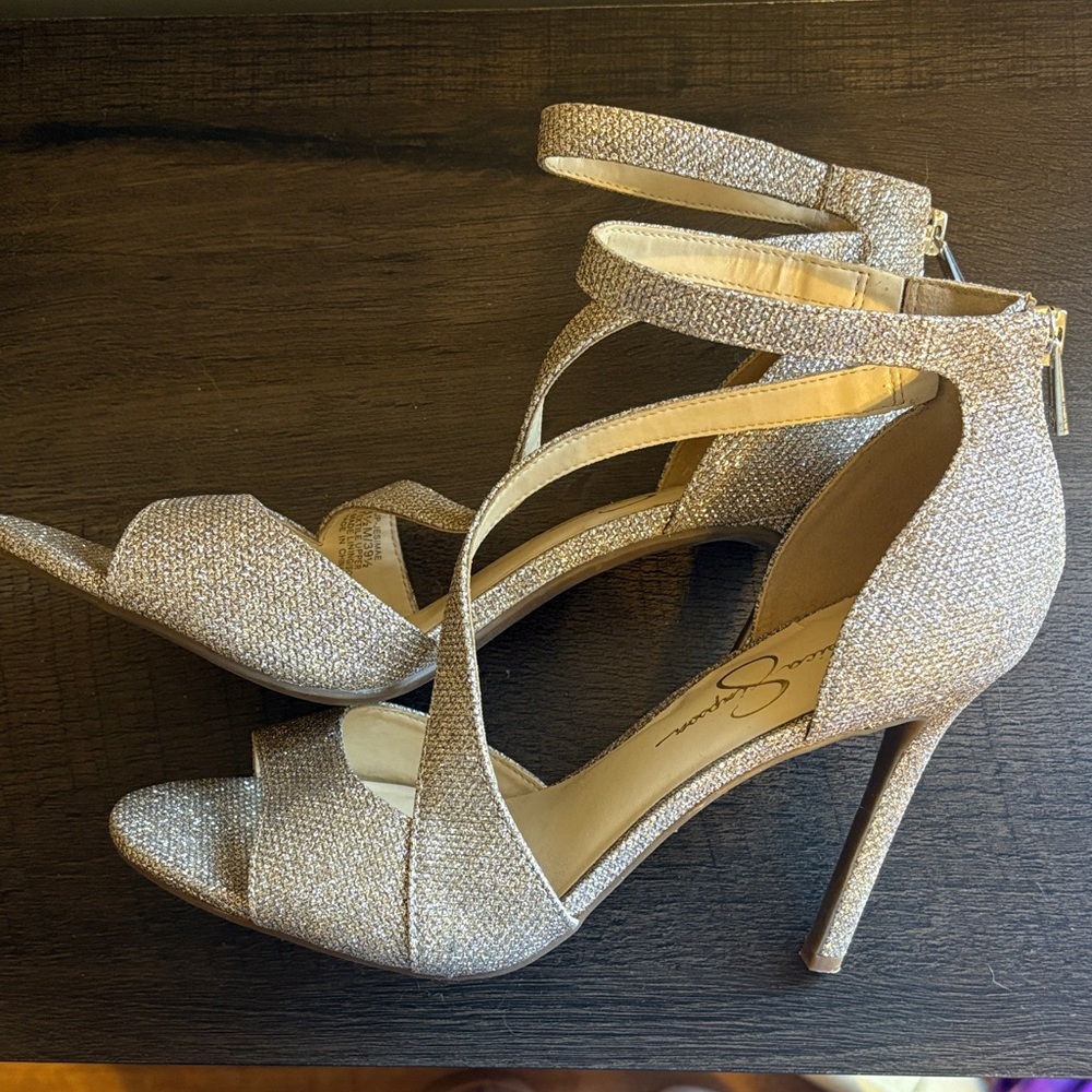 Like New Jessica Simpson Jesime Glitter Strappy Stiletto Heels - Gold 8.5